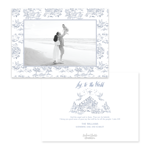 Nativity Toile Border Blue | Holiday Cards