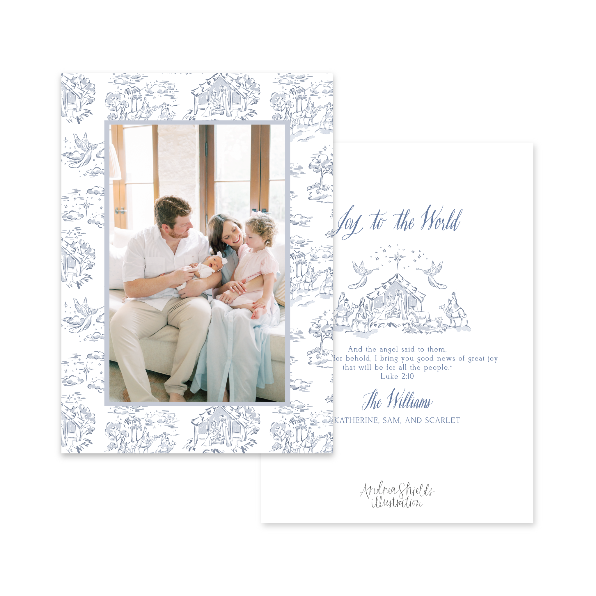 Nativity Toile Border Blue | Holiday Cards