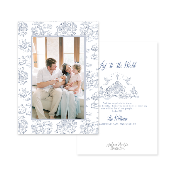 Nativity Toile Border Blue | Holiday Cards