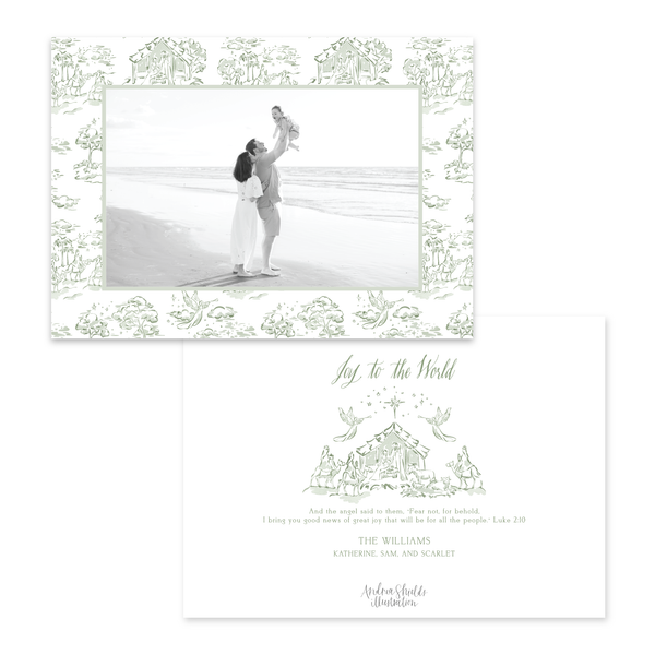 Nativity Toile Border Green | Holiday Cards