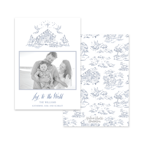 Nativity Toile Manger Scene Blue | Holiday Cards