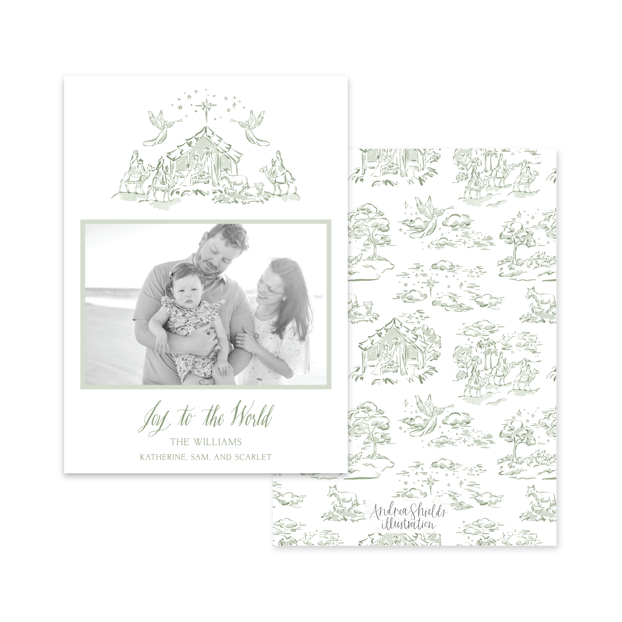 Nativity Toile Manger Scene Green | Holiday Cards