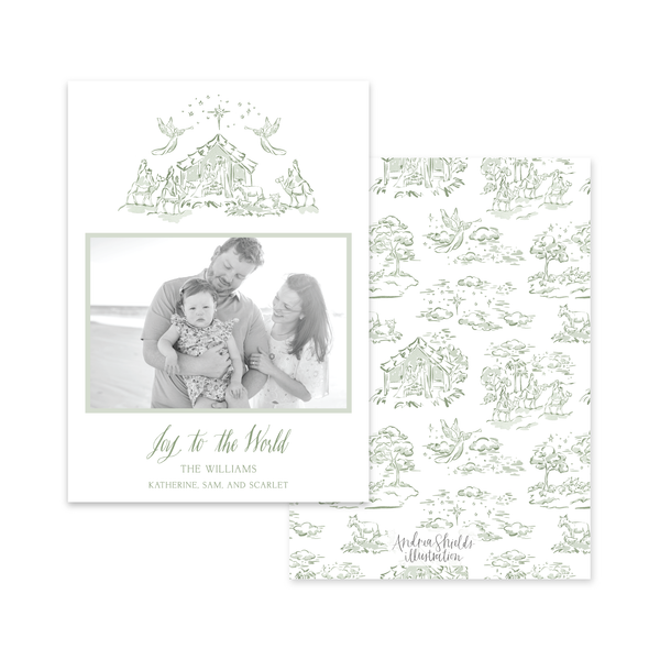 Nativity Toile Manger Scene Green | Holiday Cards